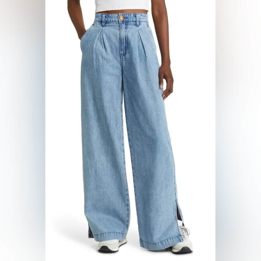 Blank NYC Wide Leg Side Slit Pleated Denim Pants Trousers Womens Size 25